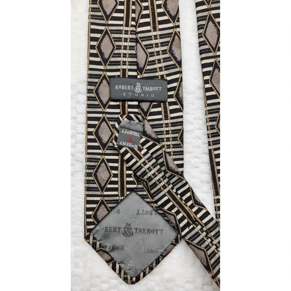 Robert Talbott Studio Silk Necktie Gold Black Silver Geometric Tie USA Made